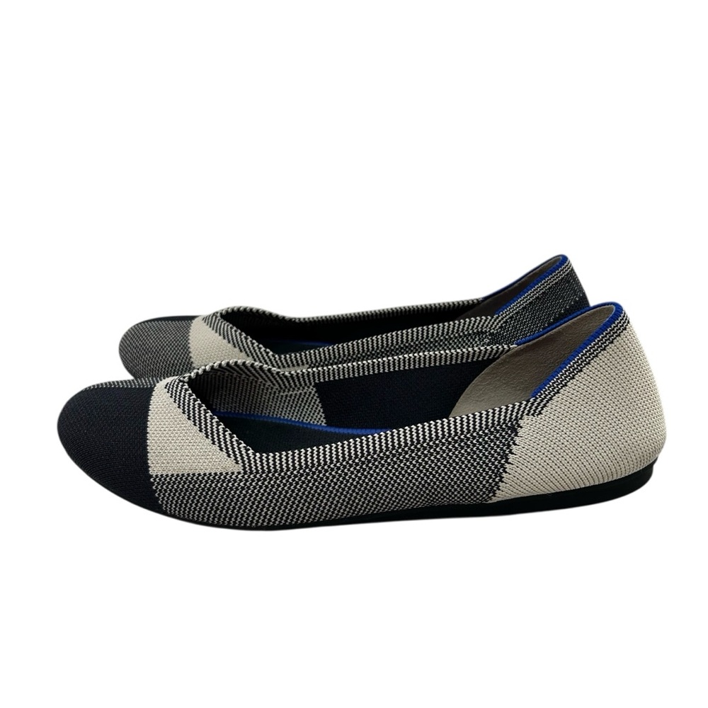 ROTHY’S Black + Cream Buffalo Plaid V-Cut Slip On Cap Toe Ballet Flats 8